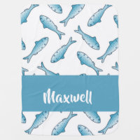 Custom name blue fish on white baby blanket