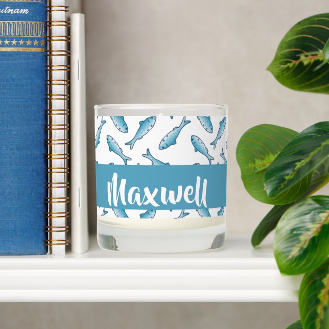 Custom name blue fish on white scented candle (Shelf)