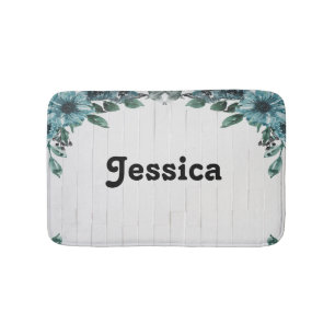 Custom name blue flowers on gray wood bath mat