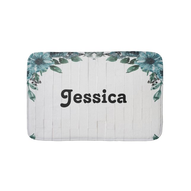 Custom name blue flowers on gray wood bath mat (Front)