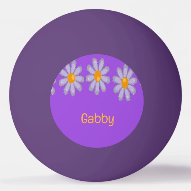Custom name blue flowers on purple ping pong ball (Front)