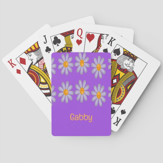 Custom name blue flowers on purple poker cards (Back)
