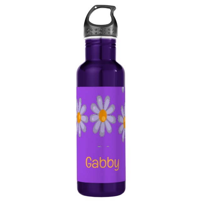 Custom name blue flowers on purple stainless steel water bottle (Front)