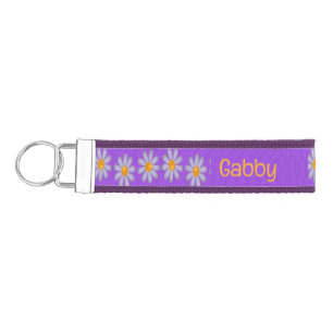 Custom name blue flowers on purple wrist keychain