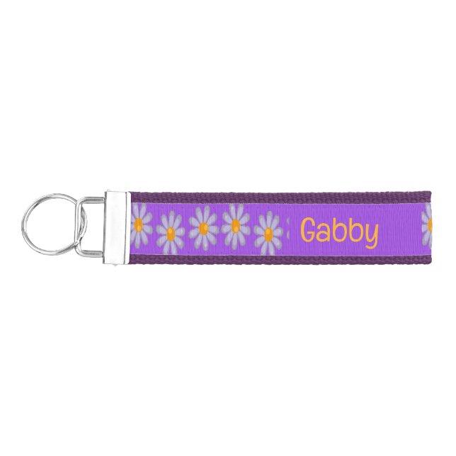 Custom name blue flowers on purple wrist keychain (Keys on Left)