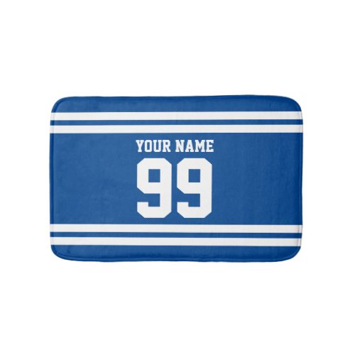 Custom name blue football jersey number striped bath mat