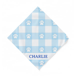 Custom Name Blue Gingham & White Paw Prints Dog Ba Bandana