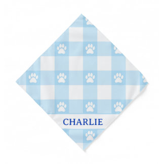 Custom Name Blue Gingham & White Paw Prints Dog Ba Bandana