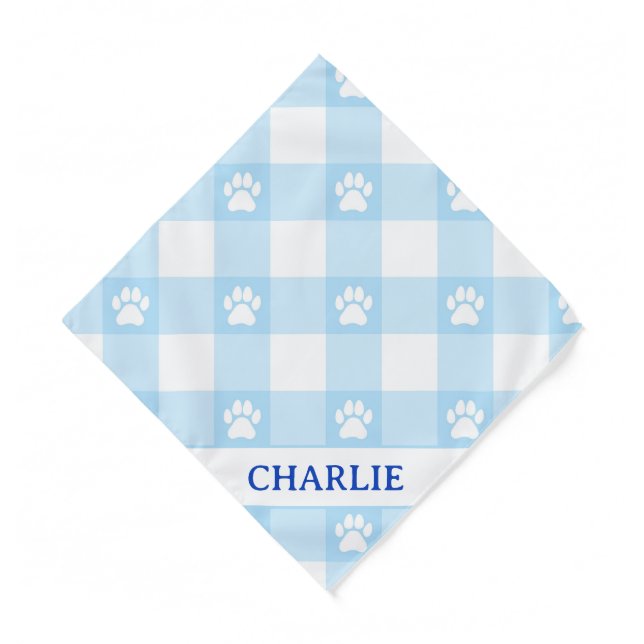 Custom Name Blue Gingham & White Paw Prints Dog Ba Bandana (Front)