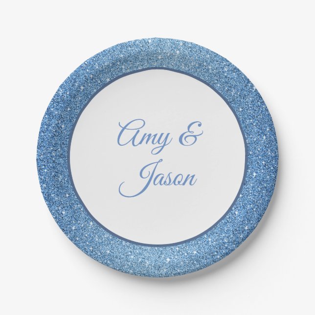 Custom Name Blue Glitter 7" Paper Plates (Front)
