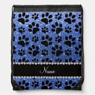 Custom name blue glitter black dog paws drawstring bag
