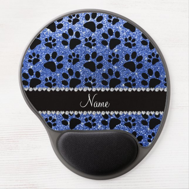 Custom name blue glitter black dog paws gel mouse pad (Front)