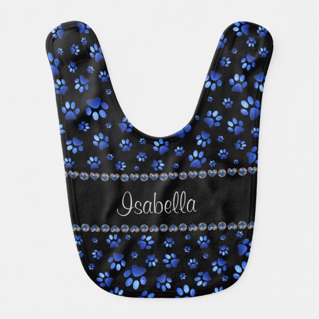 Custom name, blue glitter dog paws baby bib (Front)