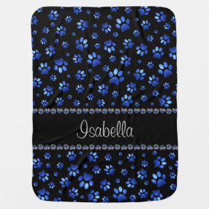 Custom name, blue glitter dog paws baby blanket