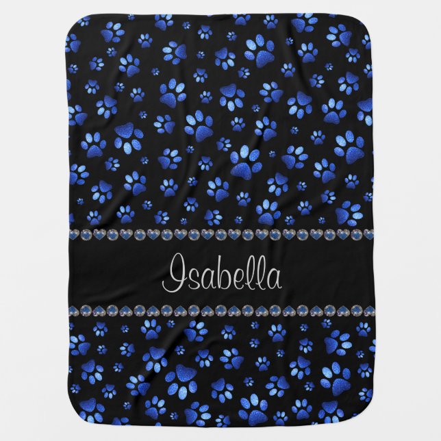 Custom name, blue glitter dog paws baby blanket (Front)