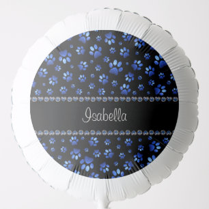 Custom name, blue glitter dog paws balloon