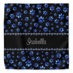 Custom name, blue glitter dog paws bandana