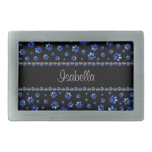 Custom name, blue glitter dog paws belt buckle