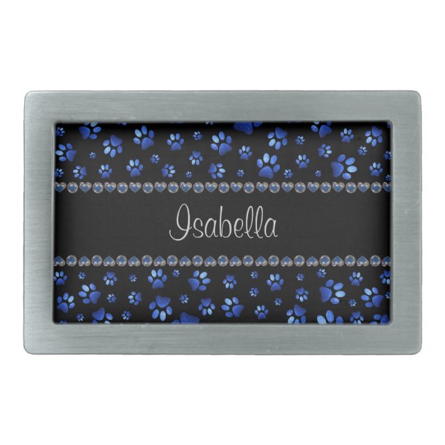 Custom name, blue glitter dog paws belt buckle (Front)