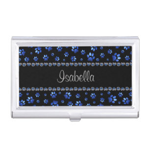 Custom name, blue glitter dog paws business card case