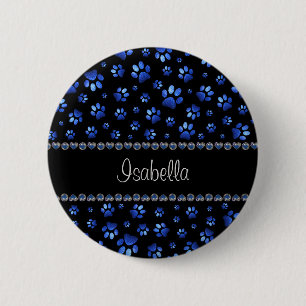Custom name, blue glitter dog paws button