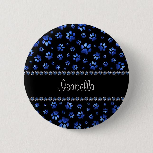 Custom name, blue glitter dog paws button (Front)