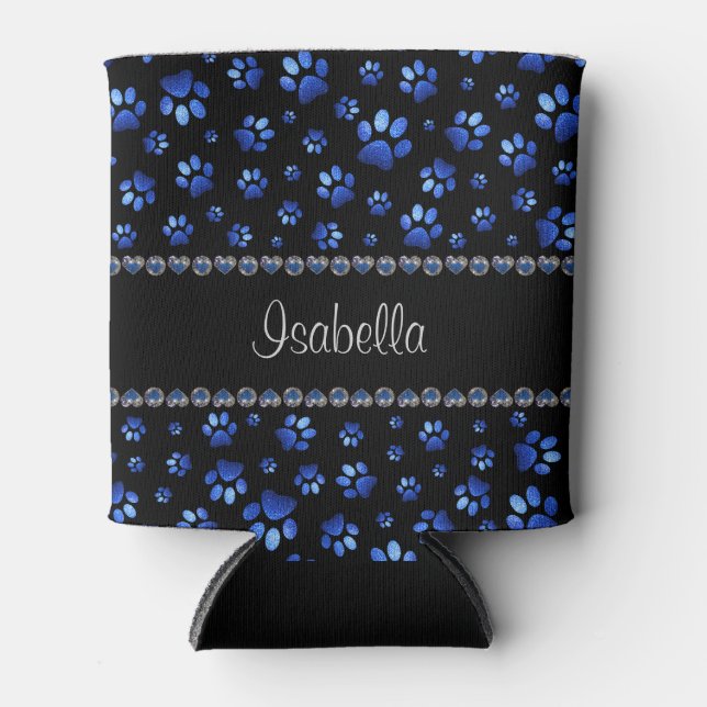 Custom name, blue glitter dog paws can cooler (Front)