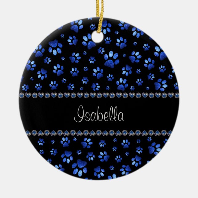 Custom name, blue glitter dog paws ceramic ornament (Front)