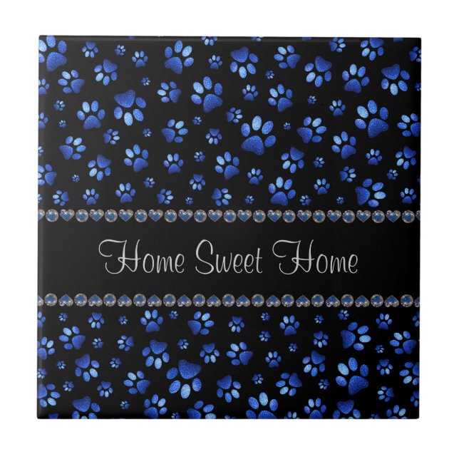 Custom name, blue glitter dog paws ceramic tile (Front)