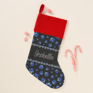 Custom name, blue glitter dog paws christmas stocking