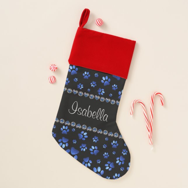 Custom name, blue glitter dog paws christmas stocking (Front)