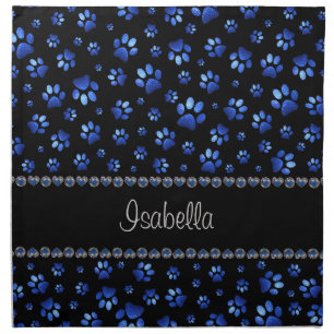 Custom name, blue glitter dog paws cloth napkin