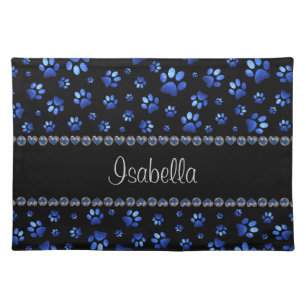 Custom name, blue glitter dog paws cloth placemat