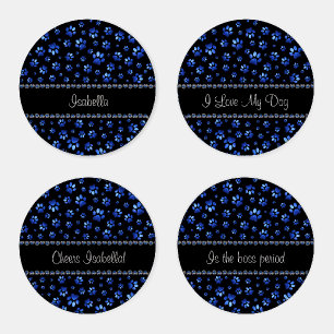 Custom name, blue glitter dog paws coaster set