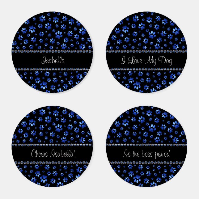 Custom name, blue glitter dog paws coaster set (Set)