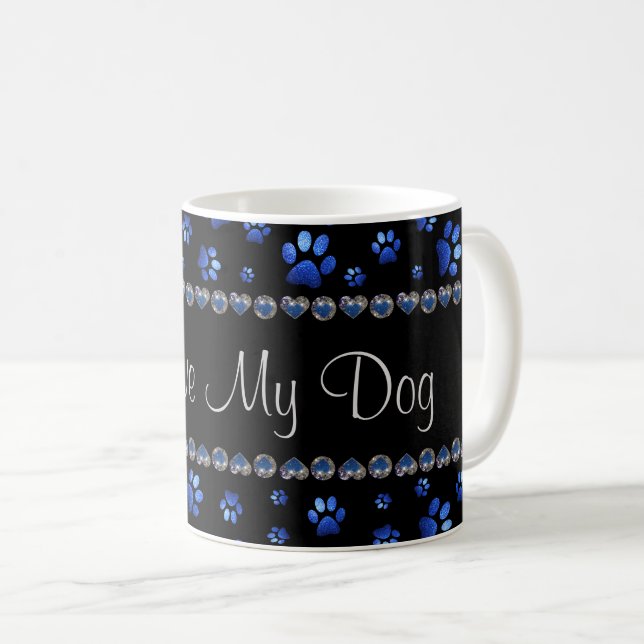 Custom name, blue glitter dog paws coffee mug (Front Right)