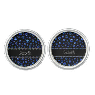 Custom name, blue glitter dog paws cufflinks