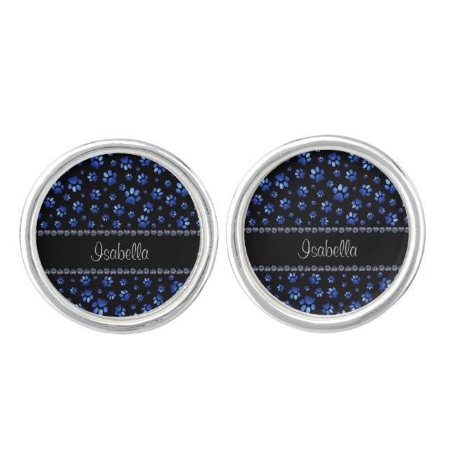 Custom name, blue glitter dog paws cufflinks (Front)