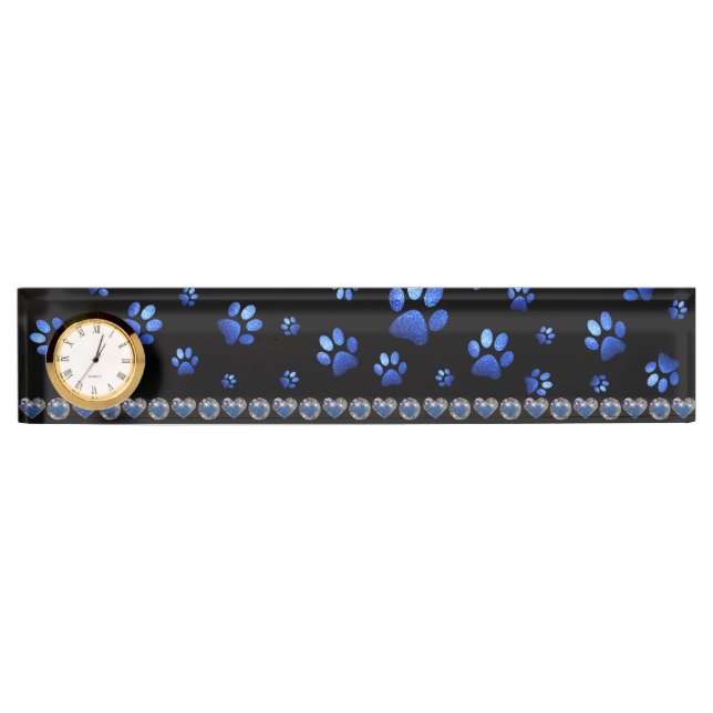 Custom name, blue glitter dog paws  desk name plate (Front)