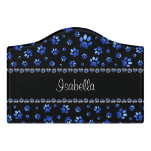 Custom name, blue glitter dog paws door sign