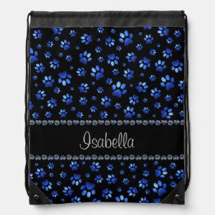 Custom name, blue glitter dog paws drawstring bag