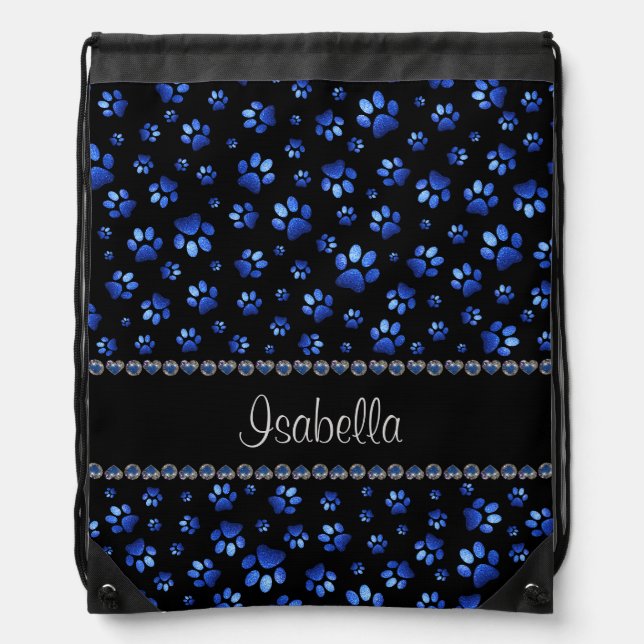 Custom name, blue glitter dog paws drawstring bag (Front)