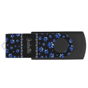 Custom name, blue glitter dog paws flash drive
