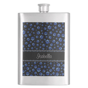 Custom name, blue glitter dog paws flask