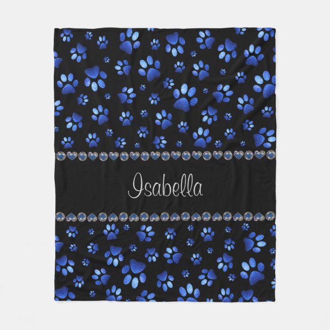 Custom name, blue glitter dog paws fleece blanket (Front)