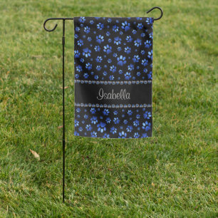 Custom name, blue glitter dog paws garden flag