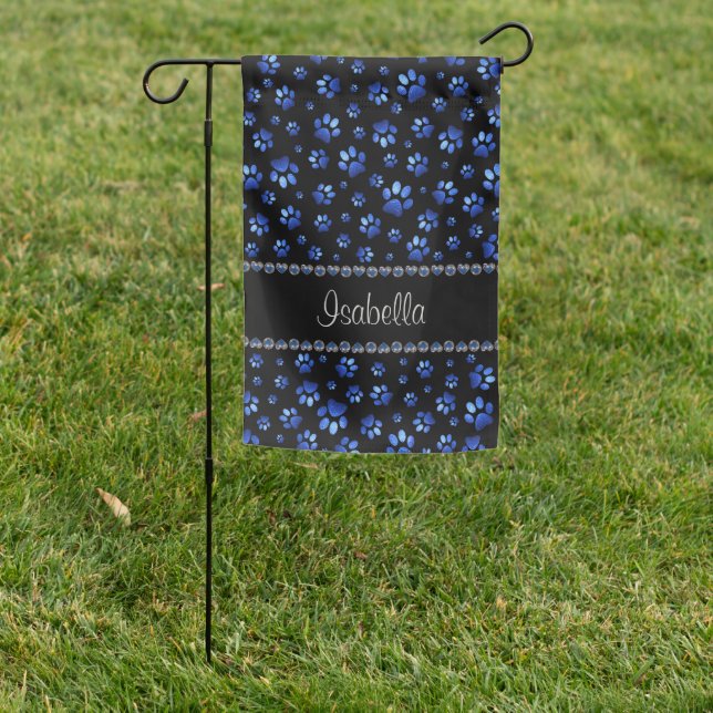 Custom name, blue glitter dog paws garden flag (In SItu)