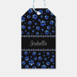 Custom name, blue glitter dog paws gift tags