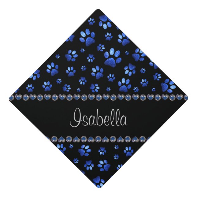 Custom name, blue glitter dog paws graduation cap topper (Front)
