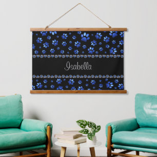 Custom name, blue glitter dog paws hanging tapestry